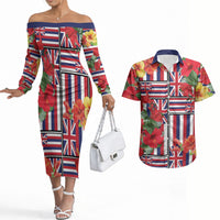 Hawaii Hibiscus Lei Couples Matching Off The Shoulder Long Sleeve Dress and Hawaiian Shirt Hawaiian Flag Motif LT9 Red - Polynesian Pride