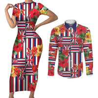 Hawaii Hibiscus Lei Couples Matching Short Sleeve Bodycon Dress and Long Sleeve Button Shirt Hawaiian Flag Motif