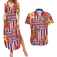 Hawaii Hibiscus Lei Couples Matching Summer Maxi Dress and Hawaiian Shirt Hawaiian Flag Motif LT9 Red - Polynesian Pride