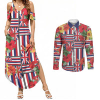 Hawaii Hibiscus Lei Couples Matching Summer Maxi Dress and Long Sleeve Button Shirt Hawaiian Flag Motif LT9 Red - Polynesian Pride