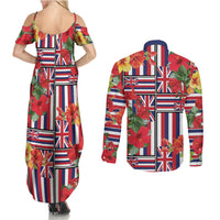 Hawaii Hibiscus Lei Couples Matching Summer Maxi Dress and Long Sleeve Button Shirt Hawaiian Flag Motif LT9 - Polynesian Pride