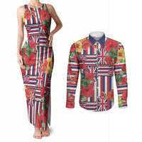 Hawaii Hibiscus Lei Couples Matching Tank Maxi Dress and Long Sleeve Button Shirt Hawaiian Flag Motif LT9 Red - Polynesian Pride