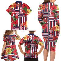 Hawaii Hibiscus Lei Family Matching Long Sleeve Bodycon Dress and Hawaiian Shirt Hawaiian Flag Motif LT9 Mom's Dress Red - Polynesian Pride