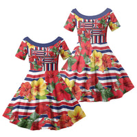 Hawaii Hibiscus Lei Family Matching Mermaid Dress and Hawaiian Shirt Hawaiian Flag Motif LT9 Daughter's Dress Red - Polynesian Pride