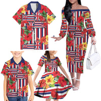 Hawaii Hibiscus Lei Family Matching Off The Shoulder Long Sleeve Dress and Hawaiian Shirt Hawaiian Flag Motif