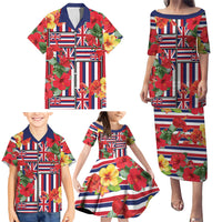 Hawaii Hibiscus Lei Family Matching Puletasi and Hawaiian Shirt Hawaiian Flag Motif
