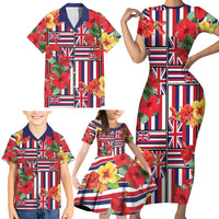 Hawaii Hibiscus Lei Family Matching Short Sleeve Bodycon Dress and Hawaiian Shirt Hawaiian Flag Motif