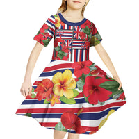 Hawaii Hibiscus Lei Kid Short Sleeve Dress Hawaiian Flag Motif LT9 - Polynesian Pride