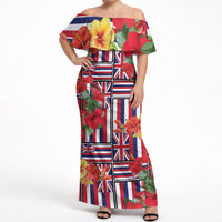 Hawaii Hibiscus Lei Off Shoulder Maxi Dress Hawaiian Flag Motif LT9 Women Red - Polynesian Pride