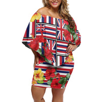Hawaii Hibiscus Lei Off Shoulder Short Dress Hawaiian Flag Motif LT9 Women Red - Polynesian Pride