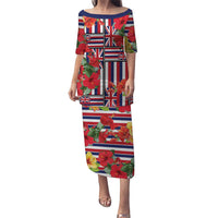 Hawaii Hibiscus Lei Puletasi Hawaiian Flag Motif LT9 Long Dress Red - Polynesian Pride