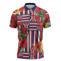 Hawaii Hibiscus Lei Zipper Polo Shirt Hawaiian Flag Motif LT9 Red - Polynesian Pride