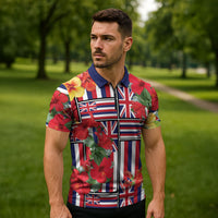 Hawaii Hibiscus Lei Zipper Polo Shirt Hawaiian Flag Motif LT9 - Polynesian Pride