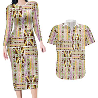 Hawaii Lokelani Pikake Lei Couples Matching Long Sleeve Bodycon Dress and Hawaiian Shirt Hawaiian Flag Motif LT9 White - Polynesian Pride
