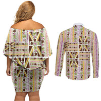 Hawaii Lokelani Pikake Lei Couples Matching Off Shoulder Short Dress and Long Sleeve Button Shirt Hawaiian Flag Motif