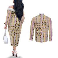 Hawaii Lokelani Pikake Lei Couples Matching Off The Shoulder Long Sleeve Dress and Long Sleeve Button Shirt Hawaiian Flag Motif LT9 - Polynesian Pride