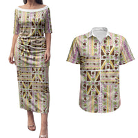Hawaii Lokelani Pikake Lei Couples Matching Puletasi and Hawaiian Shirt Hawaiian Flag Motif LT9 White - Polynesian Pride