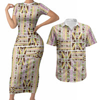 Hawaii Lokelani Pikake Lei Couples Matching Short Sleeve Bodycon Dress and Hawaiian Shirt Hawaiian Flag Motif LT9 White - Polynesian Pride