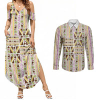 Hawaii Lokelani Pikake Lei Couples Matching Summer Maxi Dress and Long Sleeve Button Shirt Hawaiian Flag Motif LT9 White - Polynesian Pride