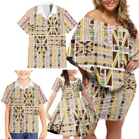 Hawaii Lokelani Pikake Lei Family Matching Off Shoulder Short Dress and Hawaiian Shirt Hawaiian Flag Motif