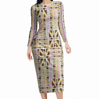 Hawaii Lokelani Pikake Lei Long Sleeve Bodycon Dress Hawaiian Flag Motif LT9 Long Dress White - Polynesian Pride