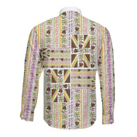Hawaii Lokelani Pikake Lei Long Sleeve Button Shirt Hawaiian Flag Motif LT9 - Polynesian Pride