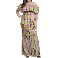 Hawaii Lokelani Pikake Lei Off Shoulder Maxi Dress Hawaiian Flag Motif