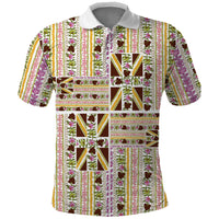Hawaii Lokelani Pikake Lei Polo Shirt Hawaiian Flag Motif LT9 White - Polynesian Pride