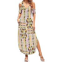Hawaii Lokelani Pikake Lei Summer Maxi Dress Hawaiian Flag Motif LT9 Women White - Polynesian Pride