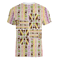 Hawaii Lokelani Pikake Lei Women V-Neck T-Shirt Hawaiian Flag Motif