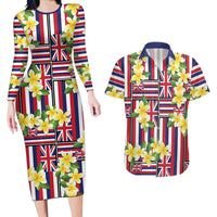 Hawaii Plumeria Lei Couples Matching Long Sleeve Bodycon Dress and Hawaiian Shirt Hawaiian Flag Motif LT9 Red - Polynesian Pride