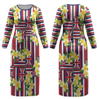 Hawaii Plumeria Lei Couples Matching Long Sleeve Bodycon Dress and Hawaiian Shirt Hawaiian Flag Motif LT9 - Polynesian Pride