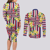 Hawaii Plumeria Lei Couples Matching Long Sleeve Bodycon Dress and Long Sleeve Button Shirt Hawaiian Flag Motif LT9 - Polynesian Pride