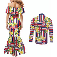 Hawaii Plumeria Lei Couples Matching Mermaid Dress and Long Sleeve Button Shirt Hawaiian Flag Motif