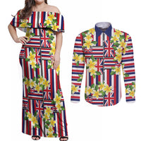 Hawaii Plumeria Lei Couples Matching Off Shoulder Maxi Dress and Long Sleeve Button Shirt Hawaiian Flag Motif LT9 Red - Polynesian Pride