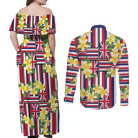Hawaii Plumeria Lei Couples Matching Off Shoulder Maxi Dress and Long Sleeve Button Shirt Hawaiian Flag Motif LT9 - Polynesian Pride