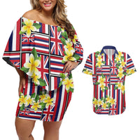 Hawaii Plumeria Lei Couples Matching Off Shoulder Short Dress and Hawaiian Shirt Hawaiian Flag Motif