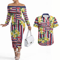 Hawaii Plumeria Lei Couples Matching Off The Shoulder Long Sleeve Dress and Hawaiian Shirt Hawaiian Flag Motif LT9 Red - Polynesian Pride