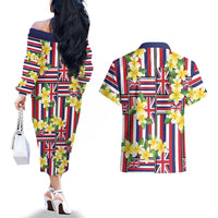 Hawaii Plumeria Lei Couples Matching Off The Shoulder Long Sleeve Dress and Hawaiian Shirt Hawaiian Flag Motif LT9 - Polynesian Pride