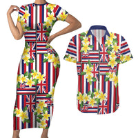 Hawaii Plumeria Lei Couples Matching Short Sleeve Bodycon Dress and Hawaiian Shirt Hawaiian Flag Motif LT9 Red - Polynesian Pride