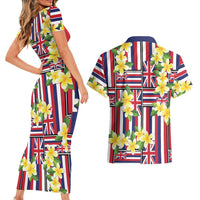 Hawaii Plumeria Lei Couples Matching Short Sleeve Bodycon Dress and Hawaiian Shirt Hawaiian Flag Motif LT9 - Polynesian Pride