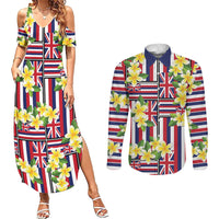 Hawaii Plumeria Lei Couples Matching Summer Maxi Dress and Long Sleeve Button Shirt Hawaiian Flag Motif LT9 Red - Polynesian Pride