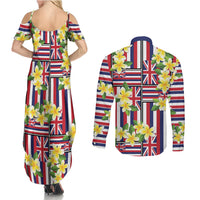 Hawaii Plumeria Lei Couples Matching Summer Maxi Dress and Long Sleeve Button Shirt Hawaiian Flag Motif LT9 - Polynesian Pride