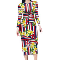 Hawaii Plumeria Lei Family Matching Long Sleeve Bodycon Dress and Hawaiian Shirt Hawaiian Flag Motif