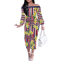 Hawaii Plumeria Lei Family Matching Off The Shoulder Long Sleeve Dress and Hawaiian Shirt Hawaiian Flag Motif