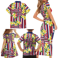 Hawaii Plumeria Lei Family Matching Short Sleeve Bodycon Dress and Hawaiian Shirt Hawaiian Flag Motif