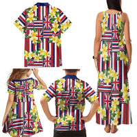 Hawaii Plumeria Lei Family Matching Tank Maxi Dress and Hawaiian Shirt Hawaiian Flag Motif