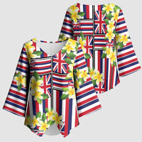 Hawaii Plumeria Lei Kimono Sleeve Blouse Hawaiian Flag Motif