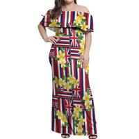 Hawaii Plumeria Lei Off Shoulder Maxi Dress Hawaiian Flag Motif LT9 Women Red - Polynesian Pride