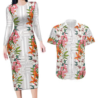 Hawaii Tropical Twist Lei Couples Matching Long Sleeve Bodycon Dress and Hawaiian Shirt Hawaiian Flag Motif LT9 White - Polynesian Pride